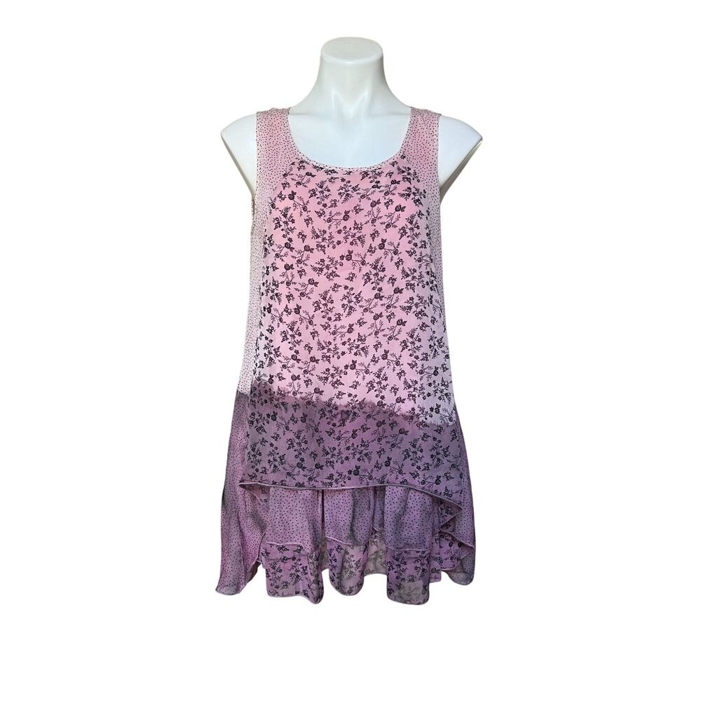 Y2K Fairycore Pink Floral & Polka Dot Chiffon Tunic Top With Asymmetrical Hem